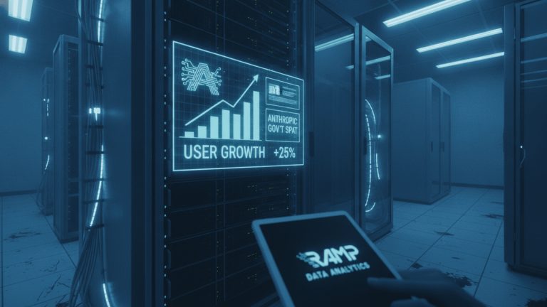 A person holds a tablet displaying "RAMP DATA ANALYTICS" in a dimly lit server room with rows of racks. A holographic chart shows "USER GROWTH +25%" and "ANTHROPIC GOV'T SPAT."