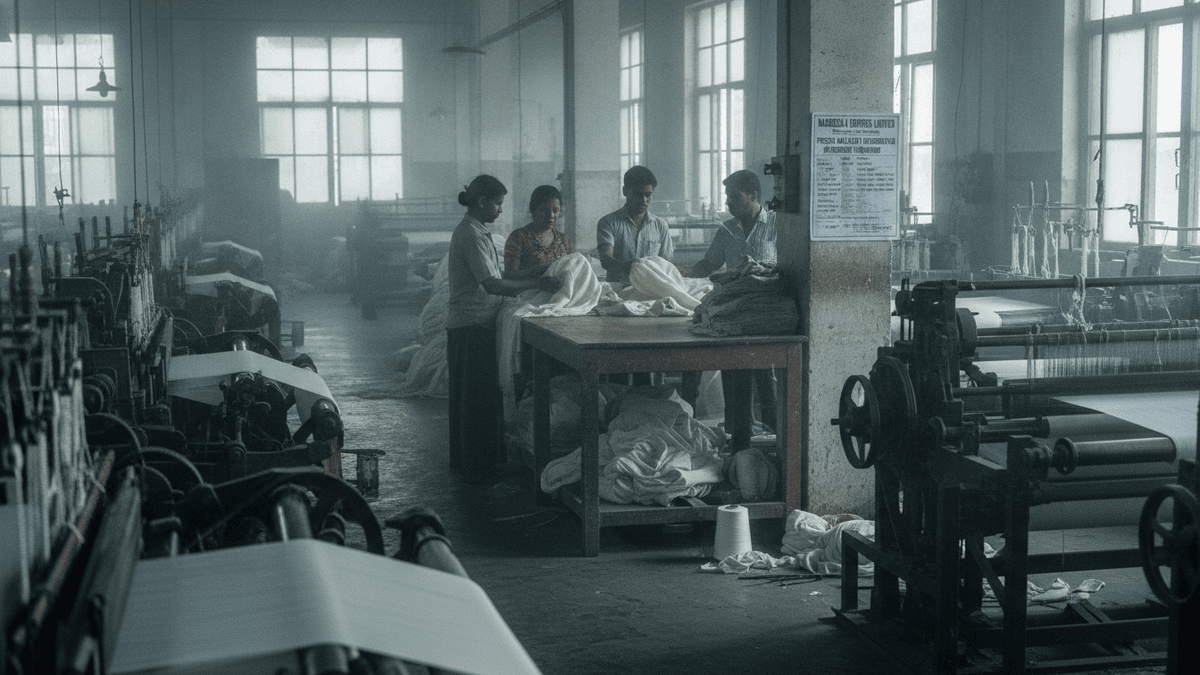 Four textile workers inspect fabric at a large wooden table in a dimly lit factory. Looms are visible on both sides of the room.