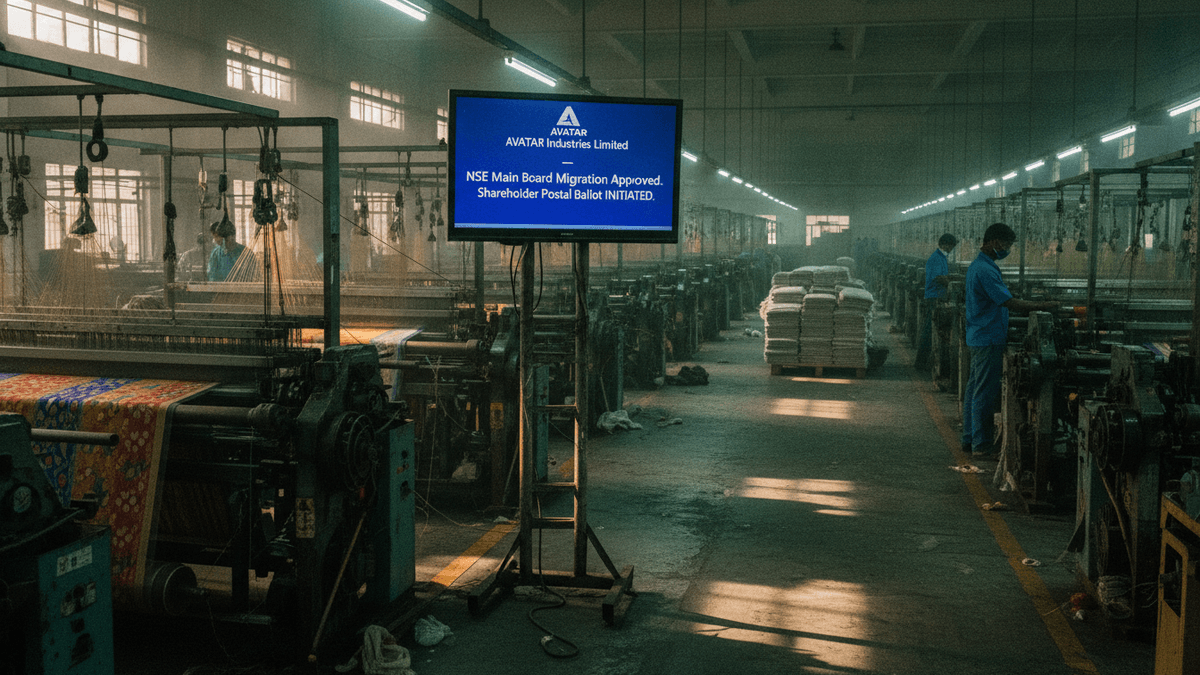 A wide shot inside a textile factory showing rows of machinery, with a digital display in the center foreground announcing AVATAR Industries' migration to the NSE Main Board.