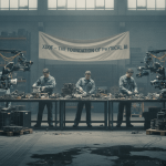 Three technicians in overalls sort electronic components on long tables, surrounded by robot arms in a large, grimy warehouse.