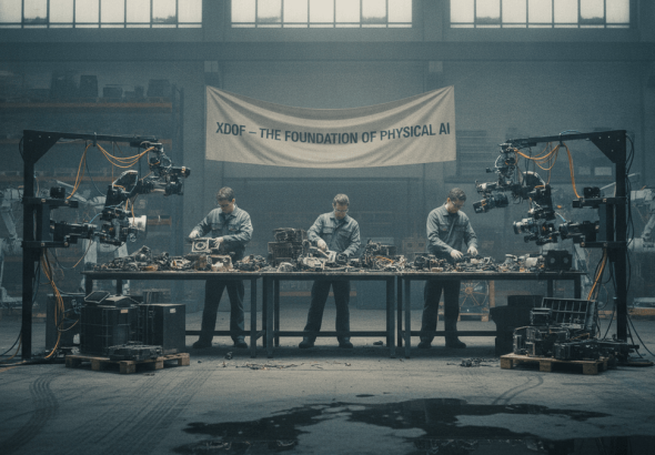 Three technicians in overalls sort electronic components on long tables, surrounded by robot arms in a large, grimy warehouse.