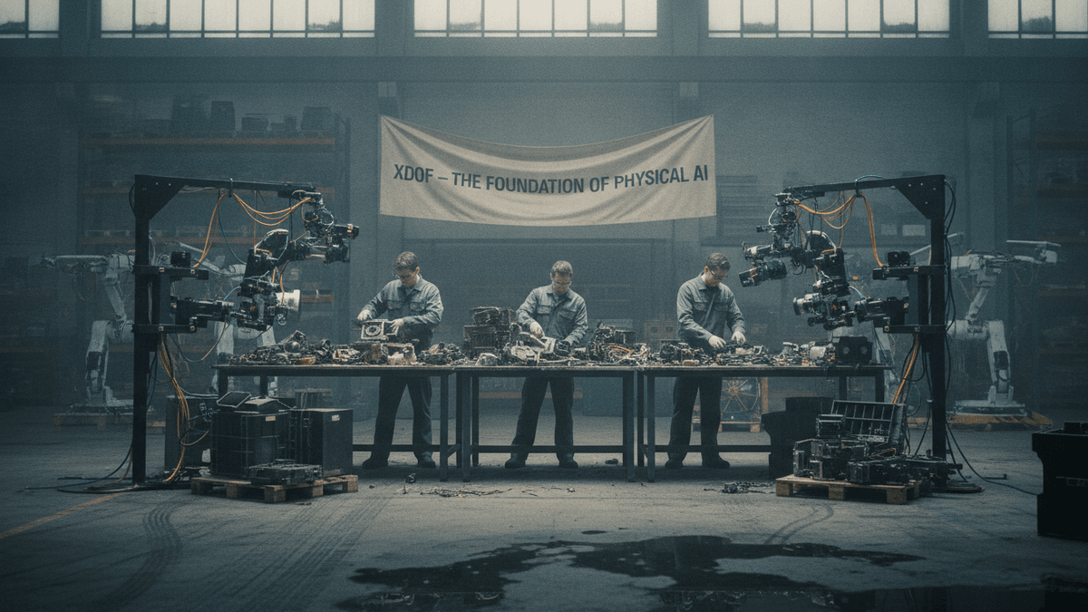 Three technicians in overalls sort electronic components on long tables, surrounded by robot arms in a large, grimy warehouse.