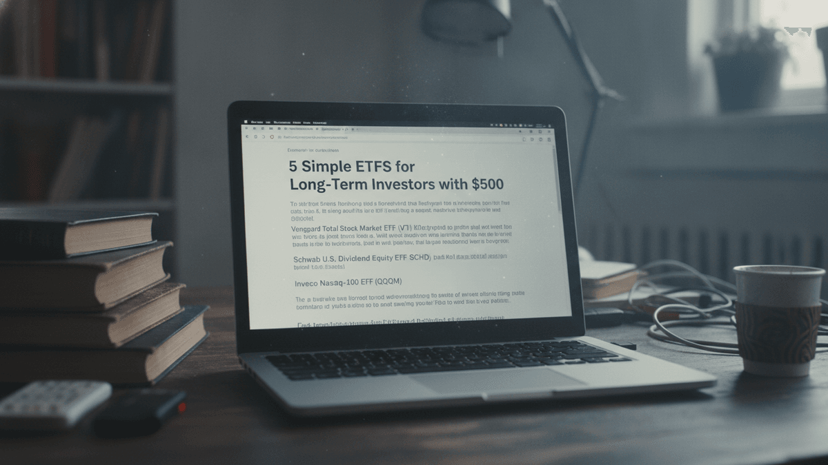 An open laptop shows an article titled "5 Simple ETFs for Long-Term Investors with $500" on a wooden desk with stacks of books, a coffee cup, and desk lamp visible.