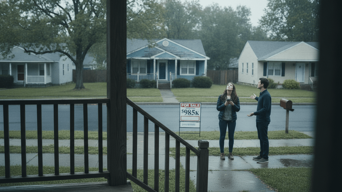 A man and a woman stand on a wet sidewalk in front of a "FOR SALE" sign for $985K, looking up at a house. A porch railing is in the foreground.