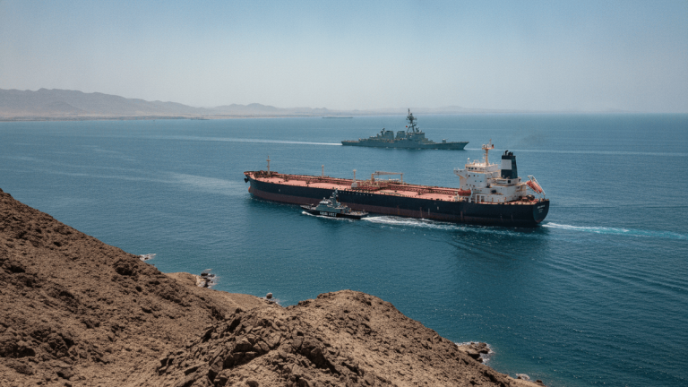 A large oil tanker is escorted by a smaller patrol boat, with a naval destroyer in the background, all on clear blue water.