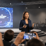 A woman in a dark suit stands on a stage, speaking into a microphone with a large screen behind her displaying "AI INVESTMENT SUMMIT." Several audience members in the foreground are holding up smartphones, recording her.