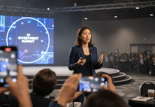 A woman in a dark suit stands on a stage, speaking into a microphone with a large screen behind her displaying "AI INVESTMENT SUMMIT." Several audience members in the foreground are holding up smartphones, recording her.