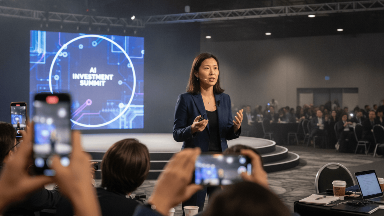 A woman in a dark suit stands on a stage, speaking into a microphone with a large screen behind her displaying "AI INVESTMENT SUMMIT." Several audience members in the foreground are holding up smartphones, recording her.