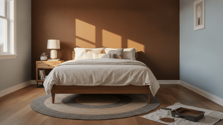 A bedroom with a chocolate brown accent wall, a bed with white and cream linens, and a nightstand with a lamp. Sunlight illuminates the wall.