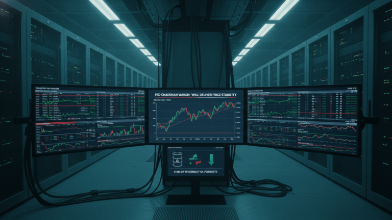 Three large computer monitors in a dark server room display complex financial charts and data, with glowing server racks in the background.