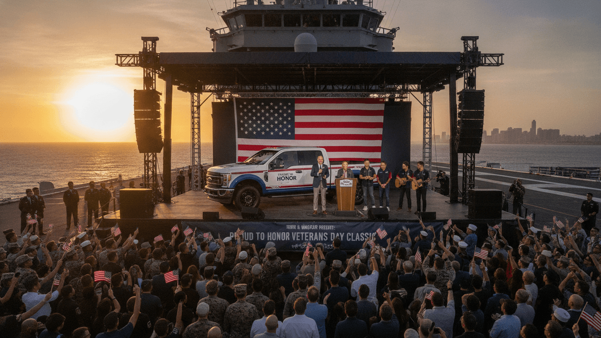 An editorial photograph captures a Ford F-250 pickup truck displayed on a stage with an American flag backdrop during an event on the deck of the USS Midway at sunset. A crowd of military personnel holds small American flags in the foreground, facing the stage where several individuals, including a speaker at a podium, are present. The ocean and the San Diego skyline are visible in the background, under a warm, hazy sky.