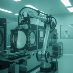 A robotic arm precisely manipulates a large silicon wafer inside a modern, brightly lit cleanroom environment.
