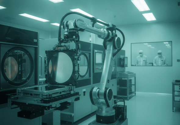 A robotic arm precisely manipulates a large silicon wafer inside a modern, brightly lit cleanroom environment.