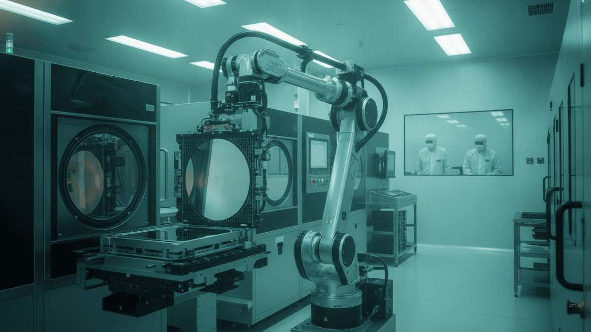 A robotic arm precisely manipulates a large silicon wafer inside a modern, brightly lit cleanroom environment.