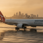 A Qantas Airbus A350-1000ULR aircraft parked on a wet tarmac at dawn, with the Sydney skyline in the background.