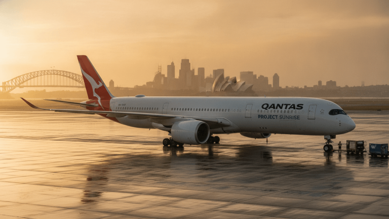 A Qantas Airbus A350-1000ULR aircraft parked on a wet tarmac at dawn, with the Sydney skyline in the background.