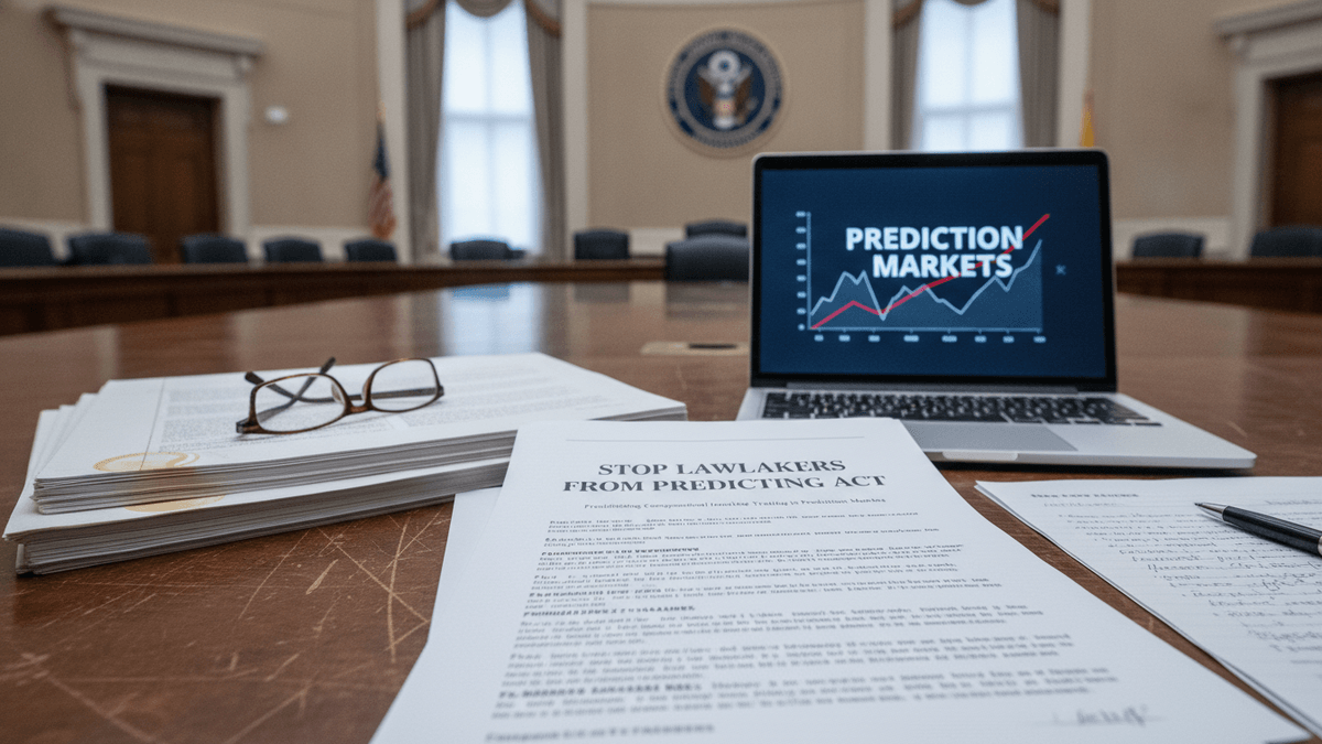 A wide-angle shot of a large, polished wooden conference table in a government office with documents, eyeglasses, and an open laptop.