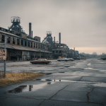 An wide exterior view of an abandoned steel mill complex in Middletown, Ohio, under a grey, overcast sky.