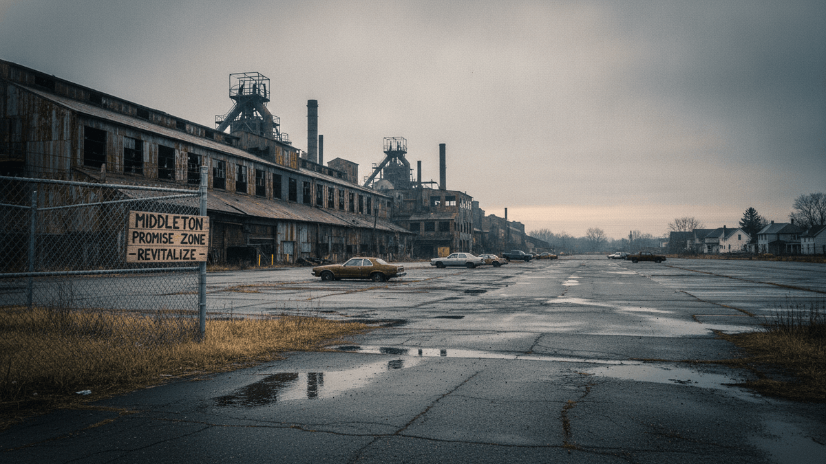 An wide exterior view of an abandoned steel mill complex in Middletown, Ohio, under a grey, overcast sky.