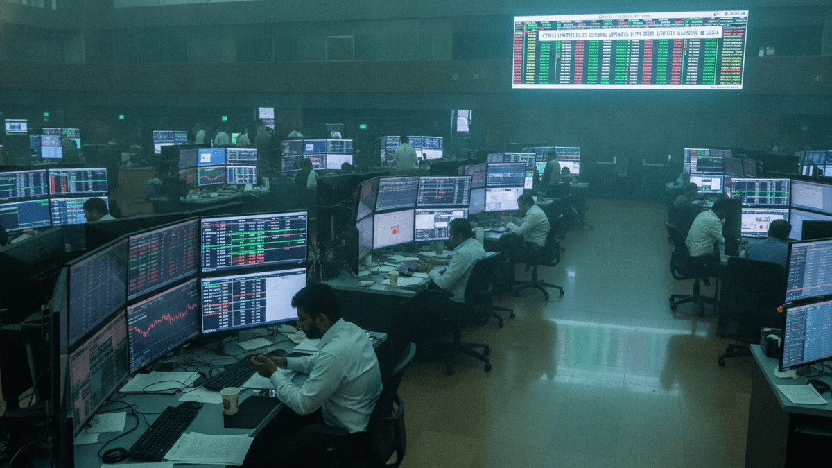 A wide shot of a large trading floor with multiple traders sitting at desks, each with several computer screens displaying financial data. A large screen at the back shows "CRISIL LIMITED SALES ALERTS UPDATES."