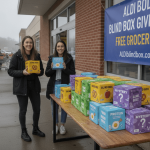 Two smiling young women stand outside an Aldi store holding yellow "blind boxes" while other boxes are stacked on a table.