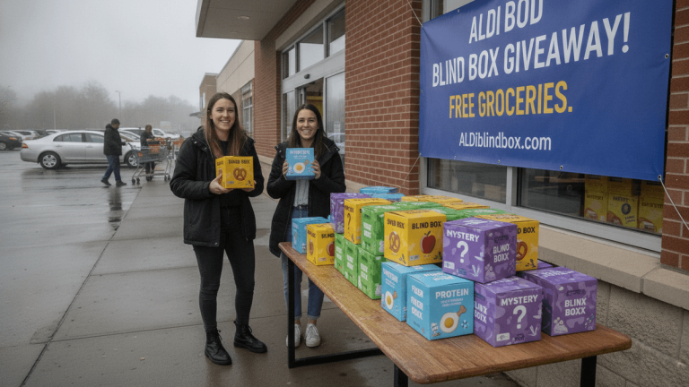 Two smiling young women stand outside an Aldi store holding yellow "blind boxes" while other boxes are stacked on a table.