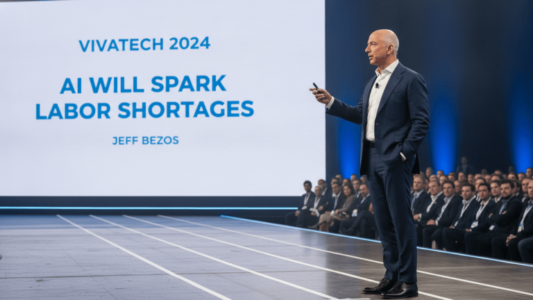 Jeff Bezos, in a dark suit, stands on a stage with a large screen behind him displaying "VIVATECH 2024 AI WILL SPARK LABOR SHORTAGES."