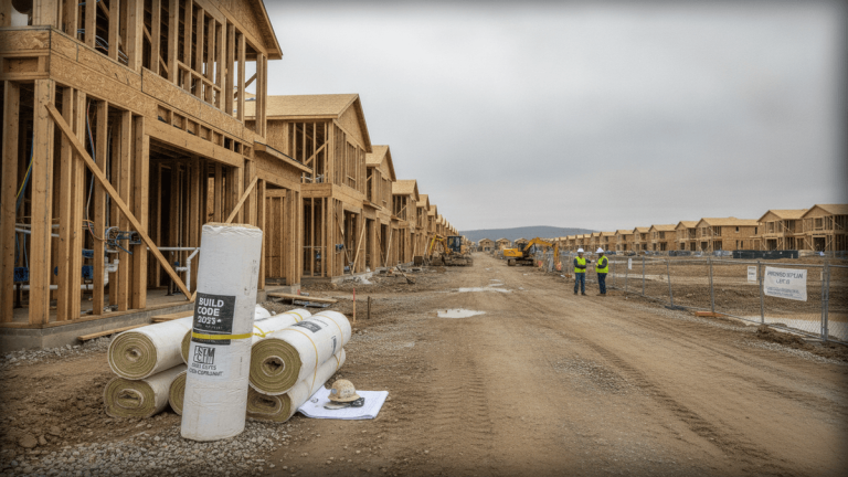 A wide-angle view of a new housing development under construction with rows of wood-framed houses.