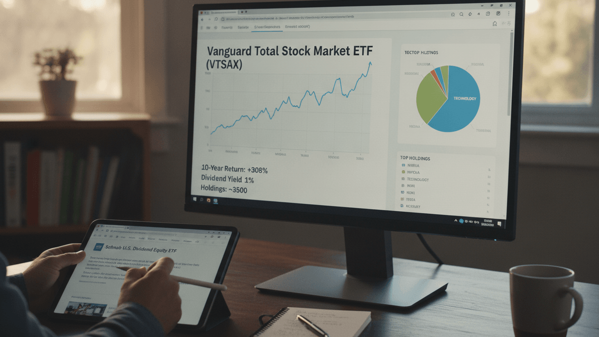 A person is sitting at a wooden desk with a computer monitor showing "Vanguard Total Stock Market ETF (VTSAX)" data and a tablet displaying "Schwab U.S. Dividend Equity ETF" information.