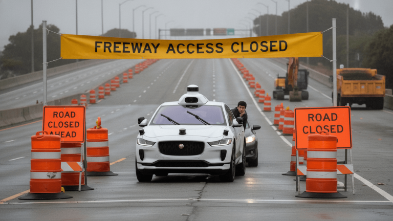 A white Waymo robotaxi is stopped at a freeway entrance marked with "FREEWAY ACCESS CLOSED" banners and orange construction barrels. A safety driver is visible in the driver's seat.