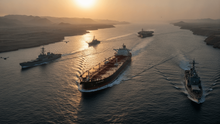 An aerial view of a large oil tanker being escorted by several warships through a narrow strait at sunset.
