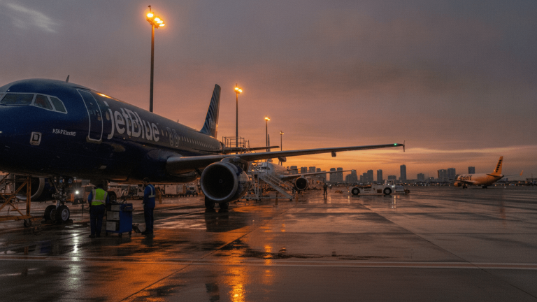 A wide shot of a JetBlue airplane on a wet airport tarmac at sunset, with ground crew visible and distant city lights.