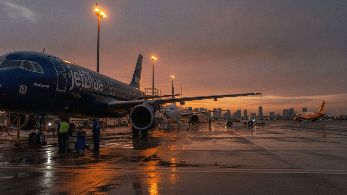 A wide shot of a JetBlue airplane on a wet airport tarmac at sunset, with ground crew visible and distant city lights.