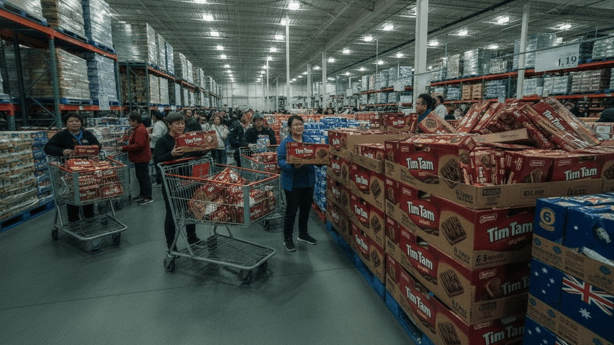 A wide shot inside a brightly lit Costco store, showing several shoppers with overflowing carts filled with large boxes of Tim Tams.