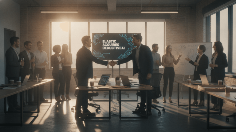 A modern office setting with a large screen displaying "ELASTIC ACQUIRES DEDUCTIVEAI" and two men shaking hands in the foreground.