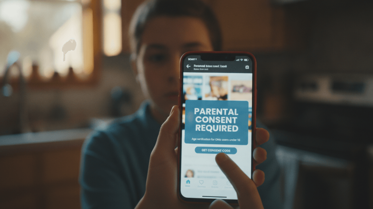 A close-up shot of a smartphone screen held by two hands, displaying a pop-up notification for parental consent on a social media app.