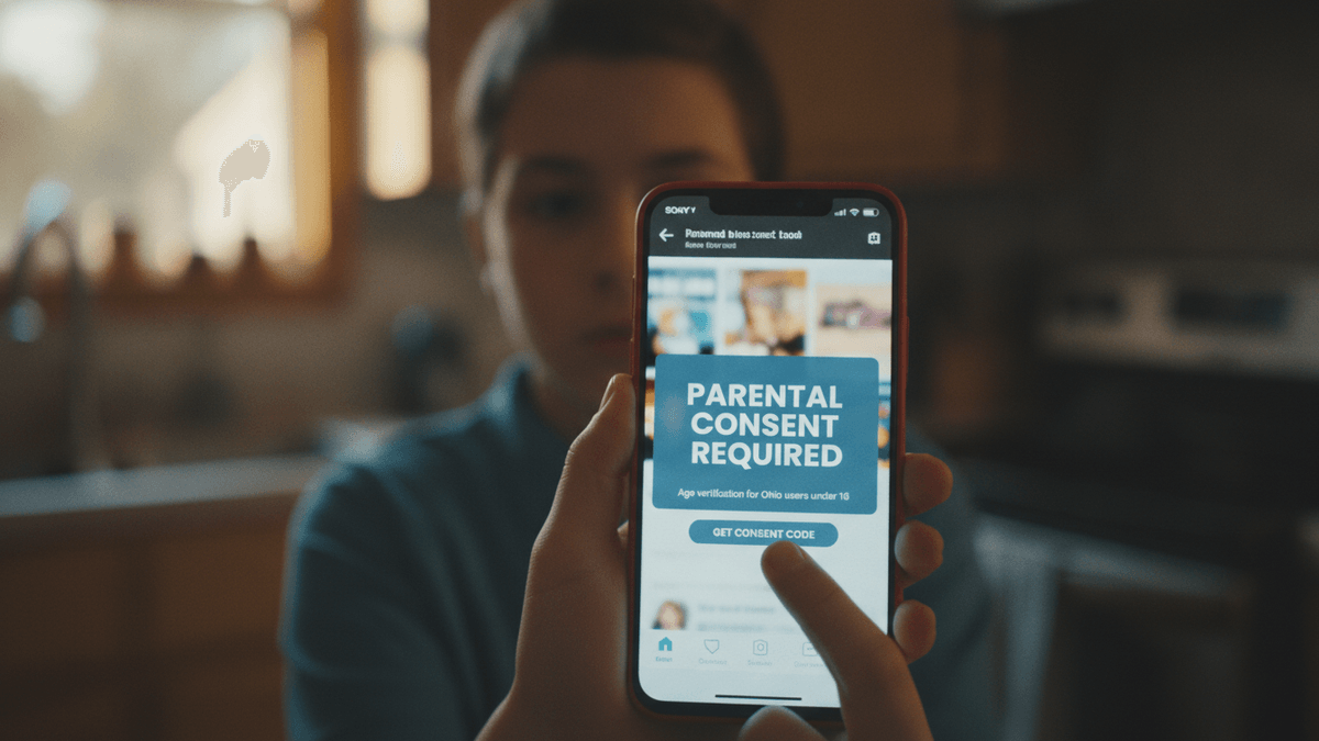 A close-up shot of a smartphone screen held by two hands, displaying a pop-up notification for parental consent on a social media app.