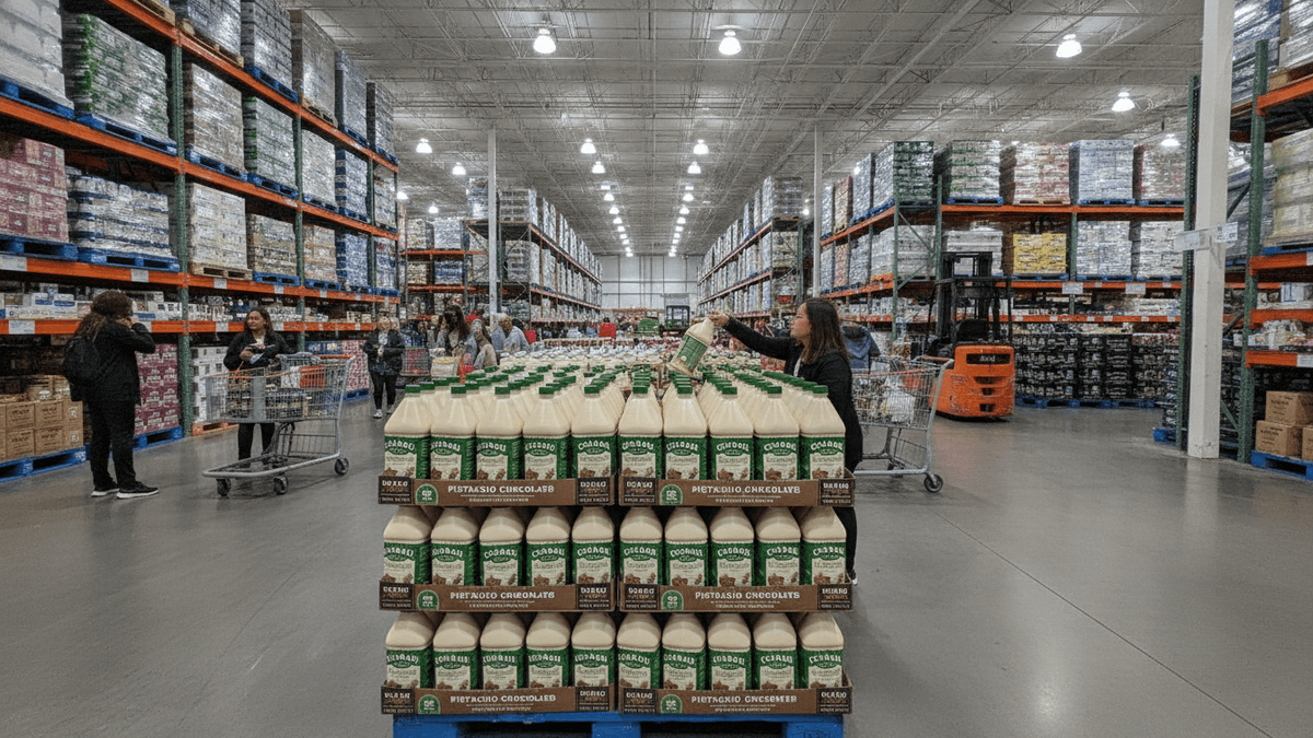 A wide shot of a Costco warehouse aisle with a prominent stacked display of Chobani Pistachio Chocolate coffee creamer bottles. Shoppers are visible with carts.