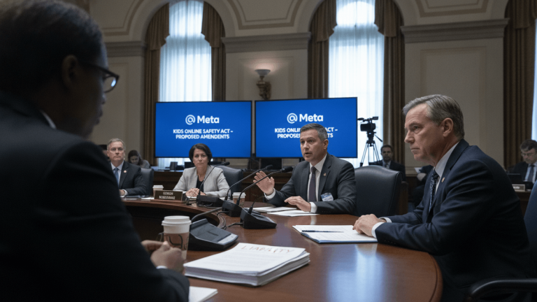 A group of people sit around a large, dark wooden table in a formal congressional hearing room. Two large screens behind them display "Meta" and "Kids Online Safety Act - Proposed Amendments."