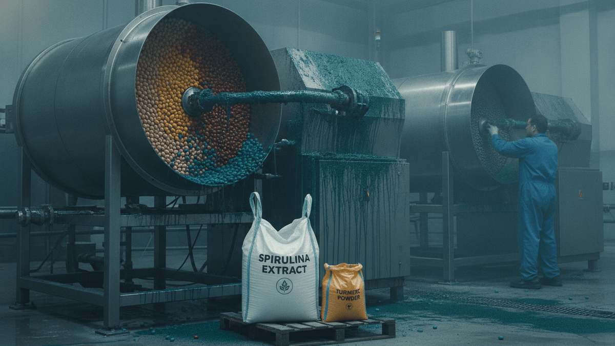 Large industrial drums coating candies, with a worker in blue overalls cleaning a drum on the right.
