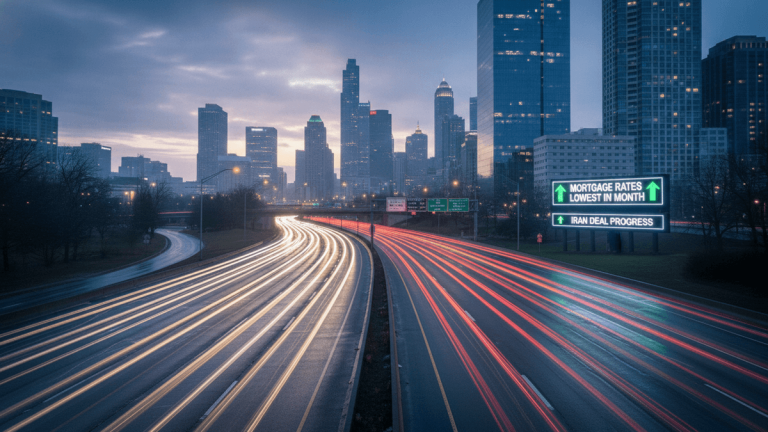 A time-lapse photograph of a multi-lane freeway leading into a city skyline at dusk, with light trails from vehicle traffic and a digital billboard displaying financial news.