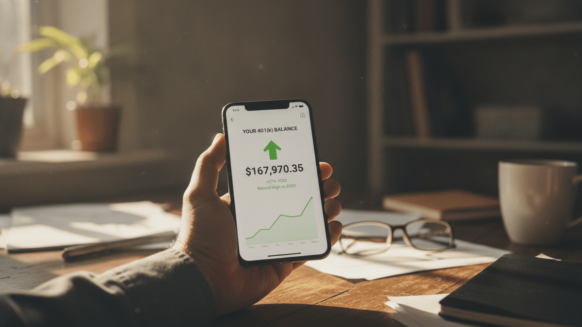 A person's hand holds a smartphone showing a 401(k) balance of $167,970.35 with a green upward arrow and graph.