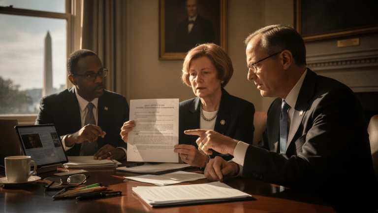 Three senators in a wood-paneled office; two men and one woman. One man points to a document held by the woman.