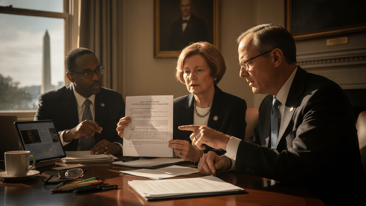 Three senators in a wood-paneled office; two men and one woman. One man points to a document held by the woman.