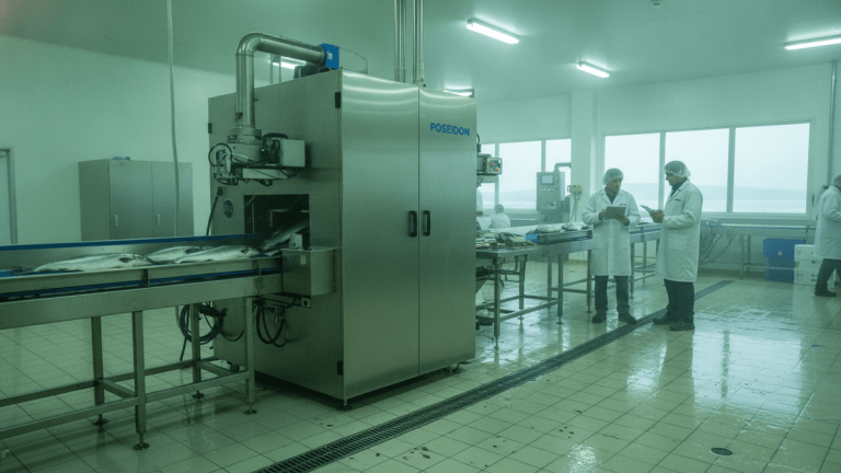 An ultra-realistic photograph shows a stainless steel Poseidon robot processing fish on a conveyor belt in a sterile, brightly lit facility.