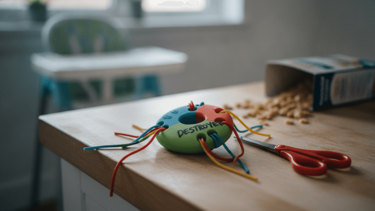 A multi-colored circular teething toy with silicone strings sits on a light wooden table next to red child-safe scissors.