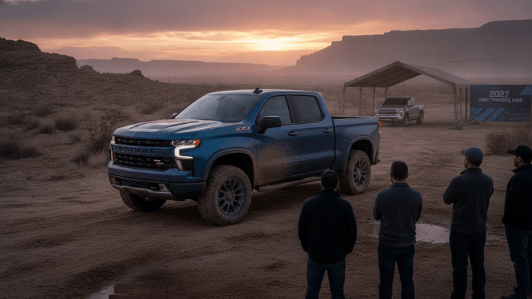A blue 2027 Chevrolet Silverado ZR2 parked on a dirt track in a desert landscape with three men observing it.