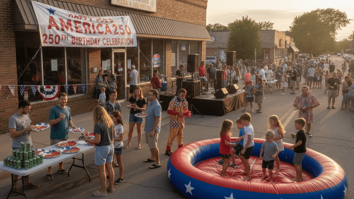 A lively outdoor block party with a crowd of people, a stage, and an inflatable play area for children.
