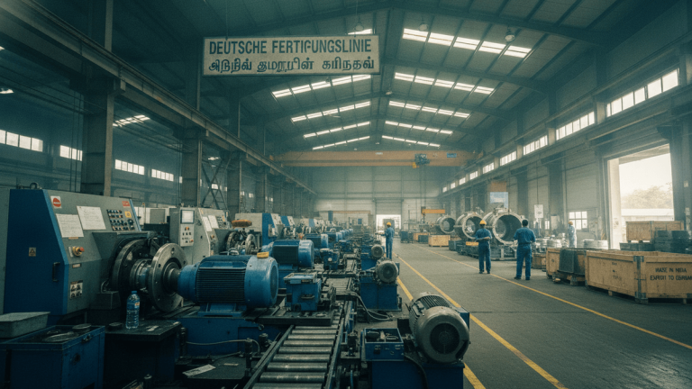 Wide shot of a factory in India with rows of large blue German-made machinery, workers in blue uniforms, and a large open bay door.