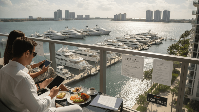 Two individuals, seen from behind, sit on a high-rise balcony with tablets, overlooking a marina filled with luxury yachts and distant cityscapes.